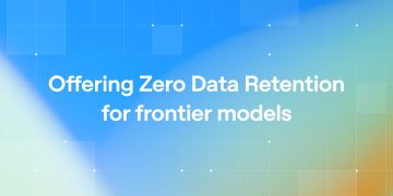 Official OpenAI announcement artwork: a blue and green gradient grid on a dark field, carrying the headline Offering Zero Data Retention for frontier models.