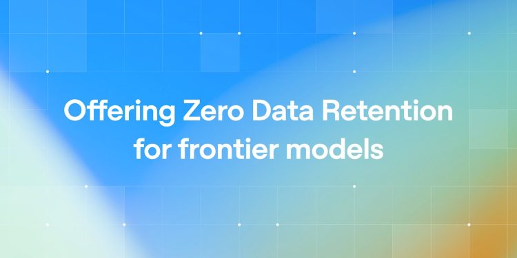 Official OpenAI announcement artwork: a blue and green gradient grid on a dark field, carrying the headline Offering Zero Data Retention for frontier models.