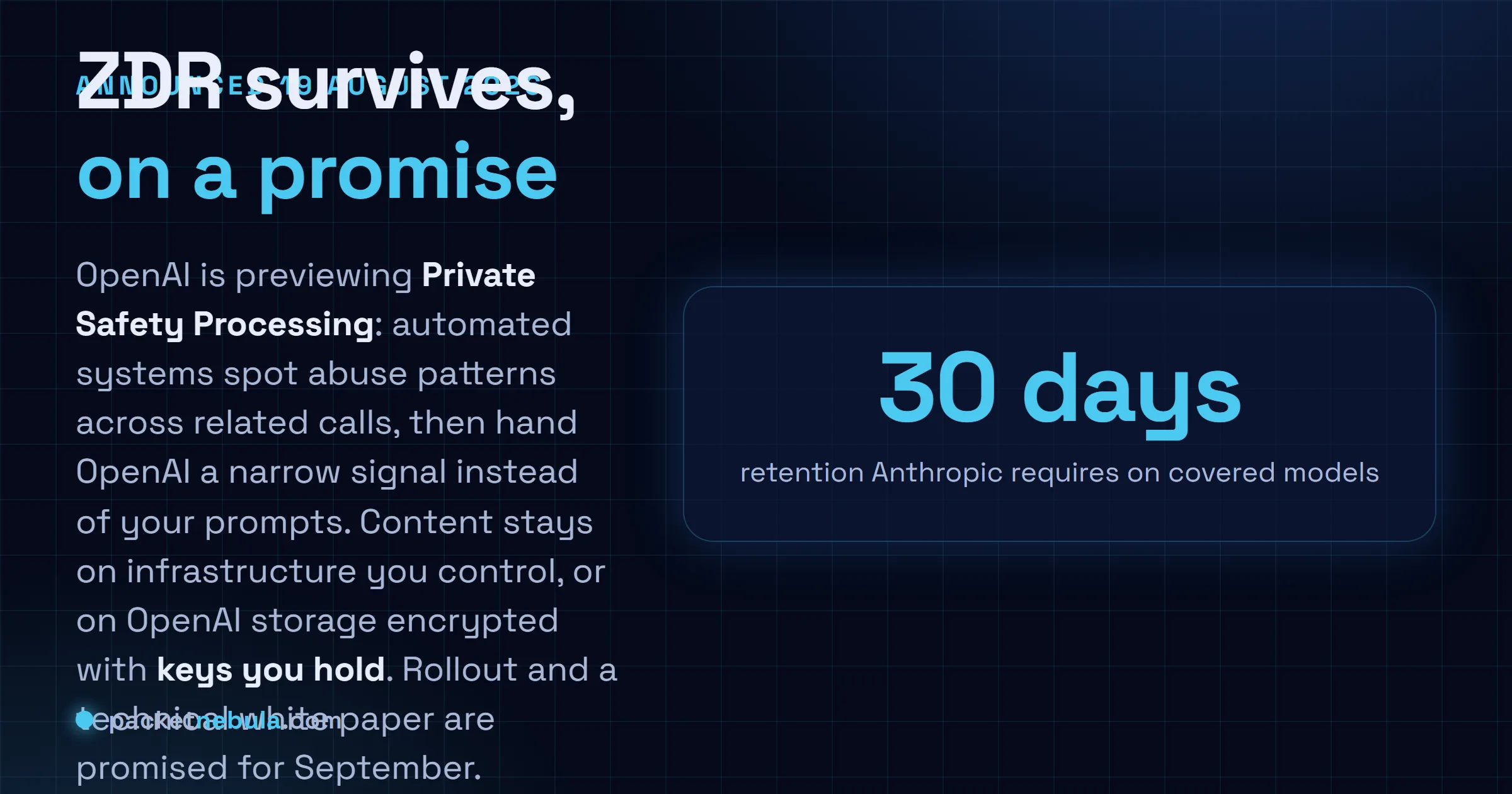 Answer card: OpenAI announced Private Safety Processing on 19 August 2026 so Zero Data Retention keeps working on frontier models, with content on infrastructure the customer controls or on OpenAI storage encrypted with customer-held keys, automated systems returning a narrow safety signal rather than prompts, currently in preview with a rollout and technical white paper promised for September 2026.