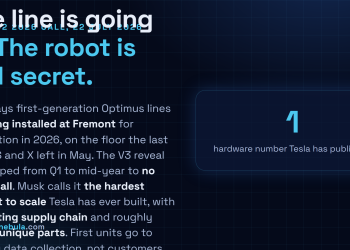 Answer card summarising that Tesla is installing Optimus production lines at Fremont for 2026 while the V3 robot itself remains unrevealed, with only one hardware figure ever published.