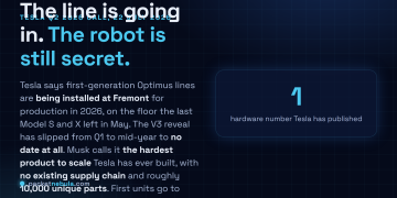 Answer card summarising that Tesla is installing Optimus production lines at Fremont for 2026 while the V3 robot itself remains unrevealed, with only one hardware figure ever published.