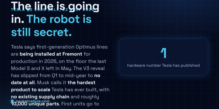 Answer card summarising that Tesla is installing Optimus production lines at Fremont for 2026 while the V3 robot itself remains unrevealed, with only one hardware figure ever published.