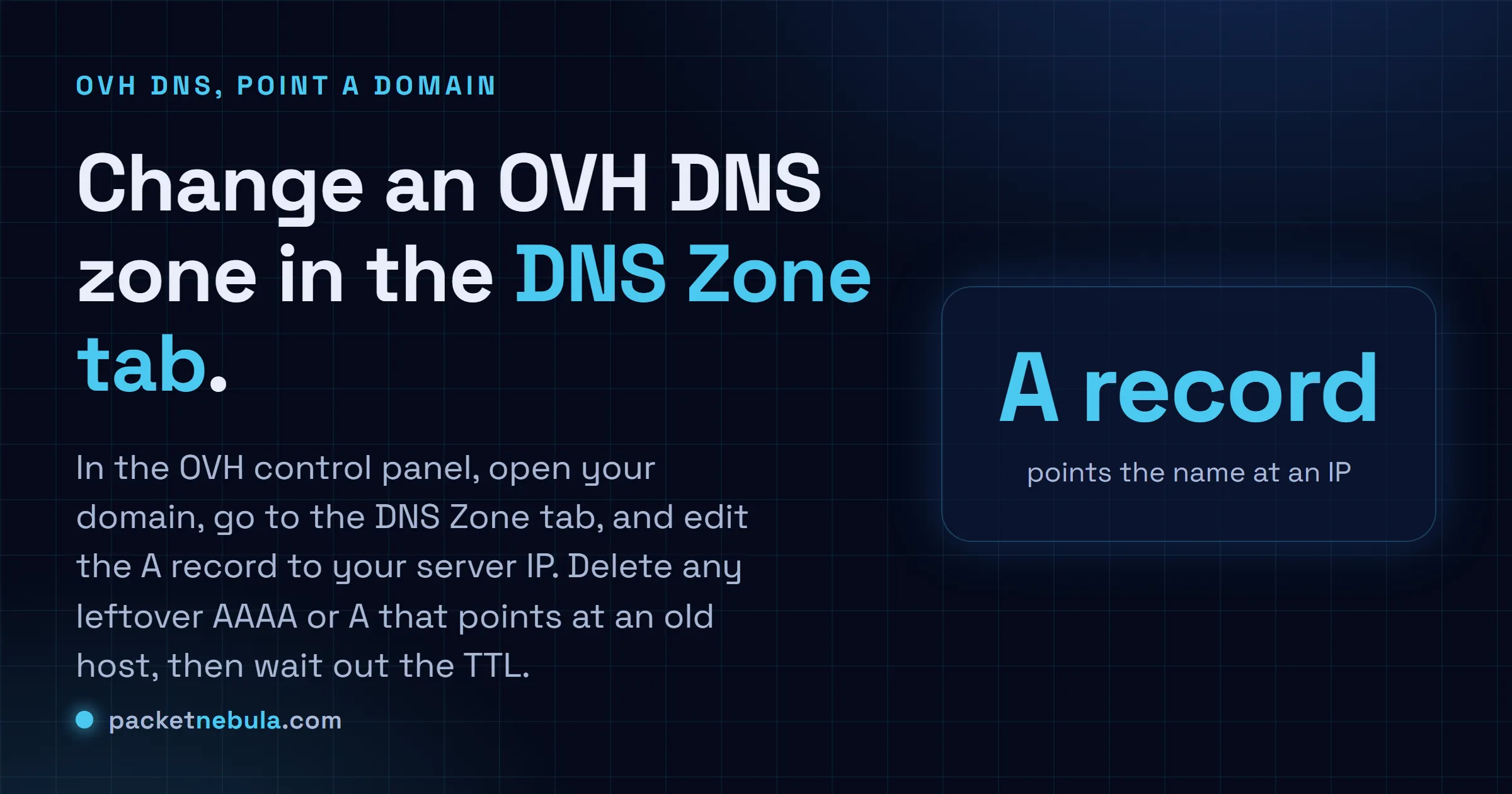 Answer card showing the OVH DNS Zone tab with the A record edited to point a domain at a server IP.