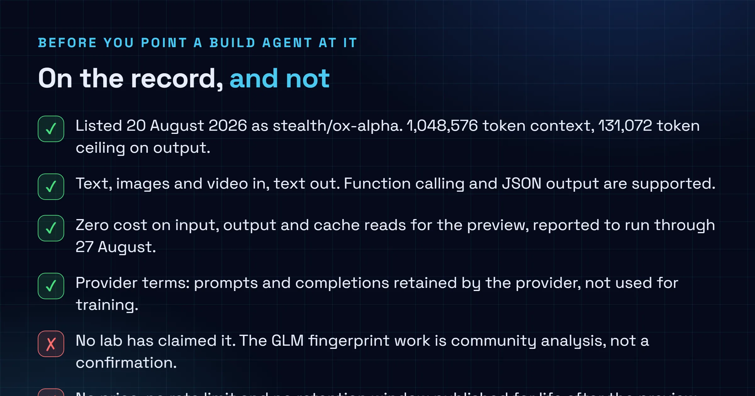 Checklist separating what is documented about Ox Alpha, including the listing date, context and output limits, modalities, zero pricing and the retention clause, from what is unknown, including the operator identity, the price after the preview, the retention window and any full benchmark run.