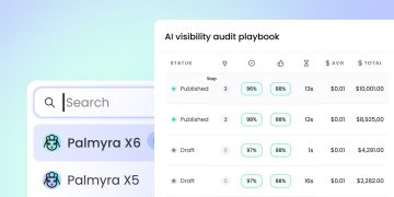 Writer product screenshot from the Palmyra X6 announcement, showing a model picker with Palmyra X6 selected above Palmyra X5, next to an AI visibility audit playbook dashboard listing agent runs with status, latency in seconds, average cost and total spend per row.