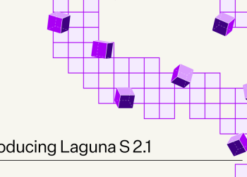 Poolside announcement graphic for Laguna S 2.1, purple isometric cubes descending across a grid on a cream background, with the words Introducing Laguna S 2.1 in black.