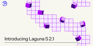 Poolside announcement graphic for Laguna S 2.1, purple isometric cubes descending across a grid on a cream background, with the words Introducing Laguna S 2.1 in black.