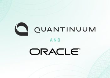Official Quantinuum announcement card for the Oracle partnership: the Quantinuum wordmark and logo above the word AND in mint green, with the Oracle logo below, set on a pale mint background with faint wireframe globe arcs in the corners.