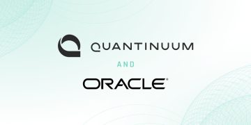Official Quantinuum announcement card for the Oracle partnership: the Quantinuum wordmark and logo above the word AND in mint green, with the Oracle logo below, set on a pale mint background with faint wireframe globe arcs in the corners.
