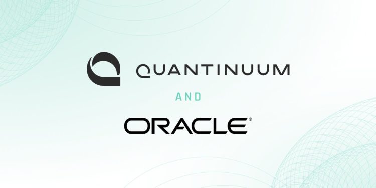 Official Quantinuum announcement card for the Oracle partnership: the Quantinuum wordmark and logo above the word AND in mint green, with the Oracle logo below, set on a pale mint background with faint wireframe globe arcs in the corners.