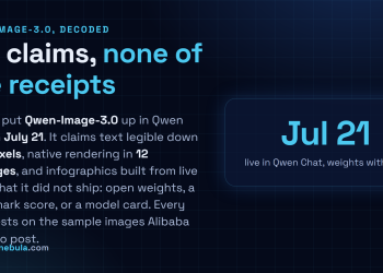 Answer card: Alibaba put Qwen-Image-3.0 live in Qwen Chat on July 21 2026 claiming text legible to 10 pixels, native rendering in 12 languages and infographics from live data, while shipping no open weights, no benchmark score and no model card.