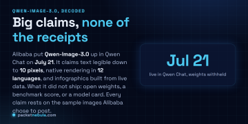 Answer card: Alibaba put Qwen-Image-3.0 live in Qwen Chat on July 21 2026 claiming text legible to 10 pixels, native rendering in 12 languages and infographics from live data, while shipping no open weights, no benchmark score and no model card.