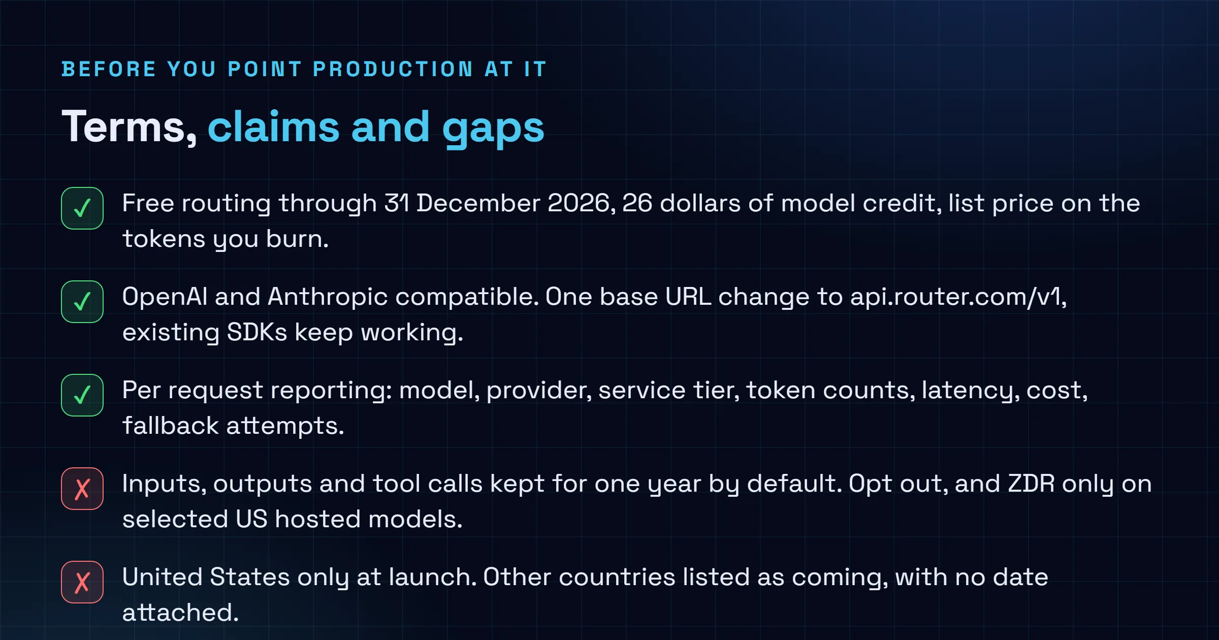 Checklist separating what Ramp confirmed about Router from what remains unpublished, covering the free routing window to the end of 2026, the 26 dollar credit, the OpenAI compatible base URL, the one year default retention of inputs outputs and tool calls, the US only availability, and the missing 2027 pricing and unverified savings methodology.