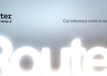 Official Ramp launch artwork for Router: the lowercase router by ramp wordmark on a pale grey gradient, with the tagline Cut inference costs in seconds and a large blurred Router logotype behind it.