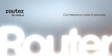 Official Ramp launch artwork for Router: the lowercase router by ramp wordmark on a pale grey gradient, with the tagline Cut inference costs in seconds and a large blurred Router logotype behind it.