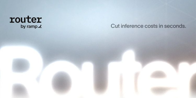 Official Ramp launch artwork for Router: the lowercase router by ramp wordmark on a pale grey gradient, with the tagline Cut inference costs in seconds and a large blurred Router logotype behind it.