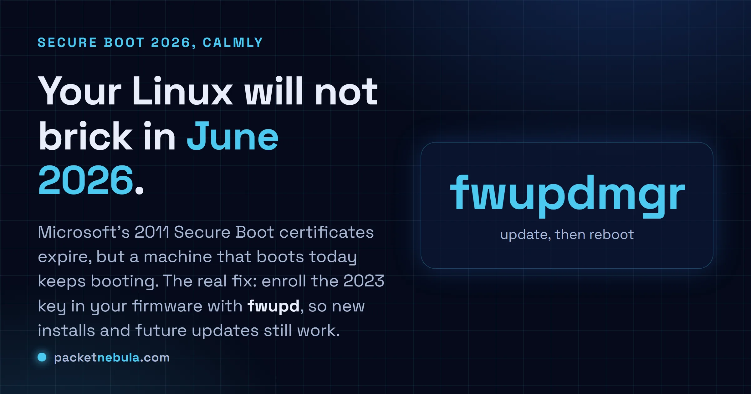 Answer card: Microsoft 2011 Secure Boot certificates expire in 2026 but existing Linux systems keep booting; enroll the 2023 key with fwupd.