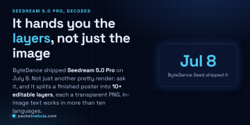 Answer card: ByteDance shipped Seedream 5.0 Pro on July 8, and it splits a finished poster into 10-plus editable transparent layers while rendering in-image text in more than ten languages.