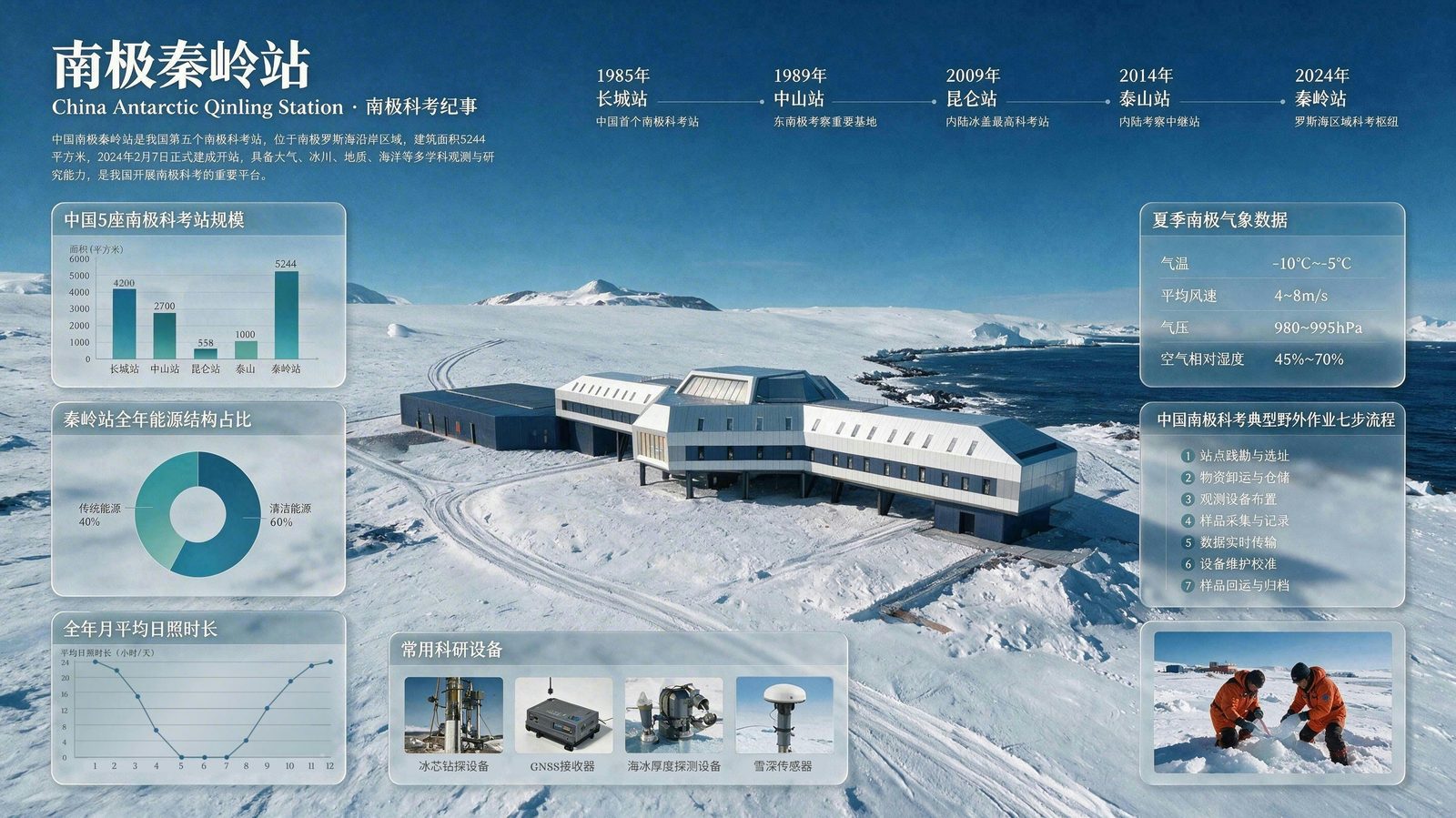 A Seedream 5.0 Pro sample: a dense, professionally laid-out infographic about a research station, packing a bar chart, a donut chart, a line graph, a timeline, a data table, and photo insets into a single generated image.