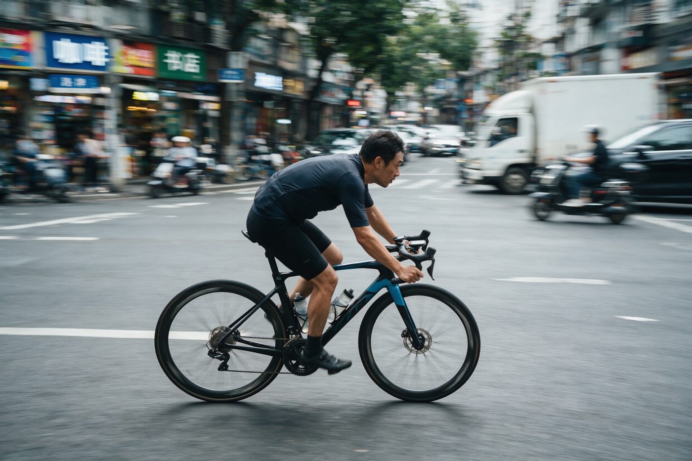 A Seedream 5.0 Pro photorealistic sample: a cyclist in motion on a city street, with convincing motion blur on the wheels and background, realistic skin and fabric textures, shot like a real sports photograph.