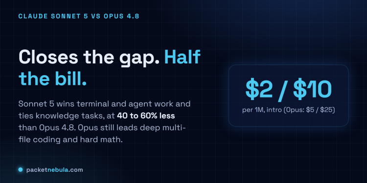 Answer card: Claude Sonnet 5 closes the gap to Opus 4.8, wins terminal and agent work and ties knowledge tasks at 40 to 60 percent less cost, while Opus 4.8 still leads deep coding and math.
