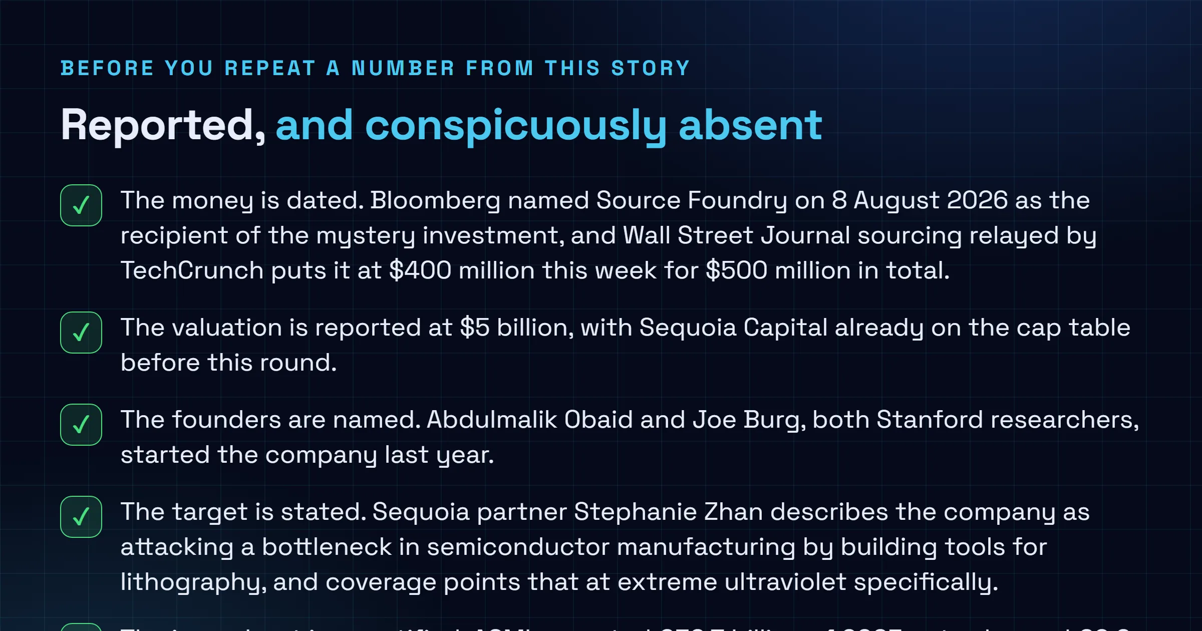 Checklist of what is on the record about the Source Foundry investment reported on 8 and 9 August 2026, including the amounts, valuation, named founders, stated lithography target and ASML's published 2025 results, set against what is absent including any product description, wavelength, prototype timeline, named customer or independent technical validation.