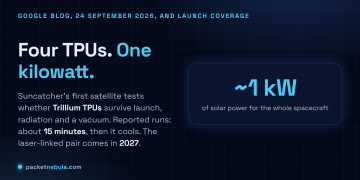 Answer card: Google Suncatcher MVP satellite, four Trillium TPUs on about one kilowatt, launching on SpaceX Transporter-18, reported for 1 October 2026.