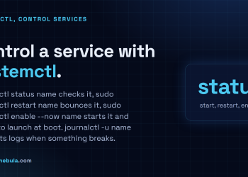 Answer card: manage a Linux service with systemctl status, restart and enable --now, and read logs with journalctl.