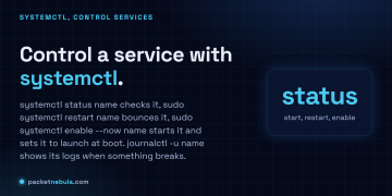 Answer card: manage a Linux service with systemctl status, restart and enable --now, and read logs with journalctl.