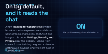 Answer card explaining that on 12 August 2026 Twitch added a Training for Generative AI setting, enabled by default, allowing Amazon to train generative AI content models on channel streams, videos on demand, clips, chat, text and images, found under Settings then Security and Privacy, with the opt-out applying only to future training.
