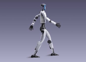 Official Unitree product render of a silver and black G1 humanoid robot mid stride against a plain grey backdrop, arms swinging and one foot lifted.