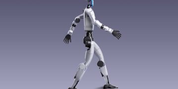 Official Unitree product render of a silver and black G1 humanoid robot mid stride against a plain grey backdrop, arms swinging and one foot lifted.