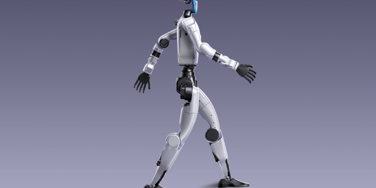 Official Unitree product render of a silver and black G1 humanoid robot mid stride against a plain grey backdrop, arms swinging and one foot lifted.