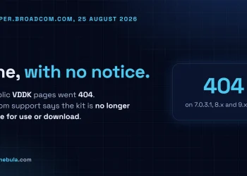 Answer card stating that the public download pages for the VMware Virtual Disk Development Kit on developer.broadcom.com began returning 404 errors on 25 August 2026 with no announcement or deprecation notice, that Broadcom support tells customers the kit is no longer available for use or download, and that release lines 7.0.3.1, 8.x and 9.x are all affected.