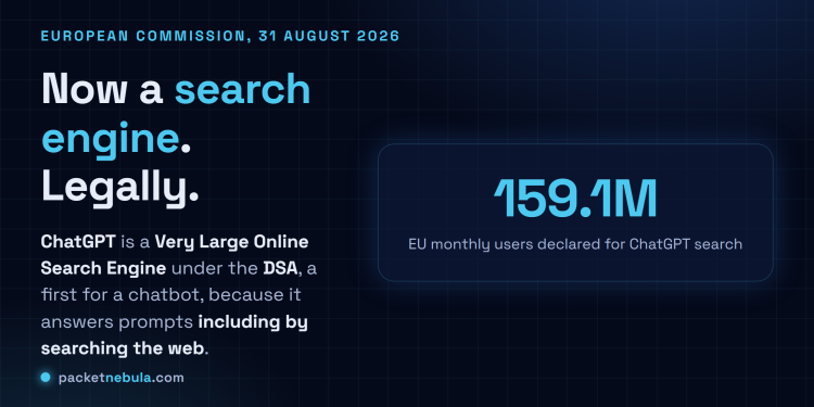 Answer card stating that on 31 August 2026 the European Commission designated ChatGPT a Very Large Online Search Engine under the Digital Services Act, the first conversational AI service classified that way, because it answers user prompts and queries including by searching the web, with OpenAI having declared roughly 159.1 million average monthly users in the European Union for ChatGPT search.