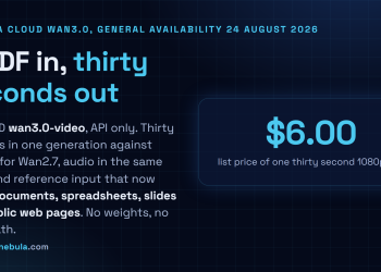Answer card: Alibaba Cloud made Wan3.0 generally available on 24 August 2026, model ID wan3.0-video, thirty seconds of video in one pass against fifteen for Wan2.7, with documents and public web pages accepted as reference input, and a list price of six dollars for a thirty second 1080p clip.
