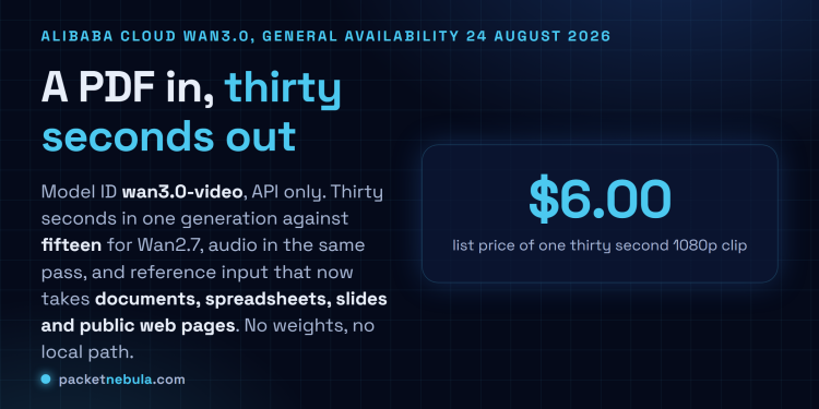 Answer card: Alibaba Cloud made Wan3.0 generally available on 24 August 2026, model ID wan3.0-video, thirty seconds of video in one pass against fifteen for Wan2.7, with documents and public web pages accepted as reference input, and a list price of six dollars for a thirty second 1080p clip.