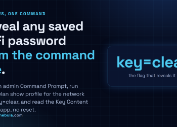 Answer card: reveal a saved WiFi password on Windows with netsh wlan show profile name=NetworkName key=clear, reading the Key Content line.