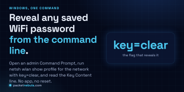 Answer card: reveal a saved WiFi password on Windows with netsh wlan show profile name=NetworkName key=clear, reading the Key Content line.