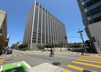 The Phillip Burton Federal Building and United States Courthouse in San Francisco, seat of the Northern District of California, seen from a street corner