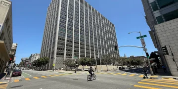 The Phillip Burton Federal Building and United States Courthouse in San Francisco, seat of the Northern District of California, seen from a street corner