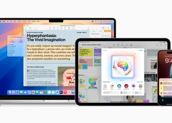 A MacBook Pro, an iPad and an iPhone showing Apple Intelligence features such as writing tools, image creation and priority notifications