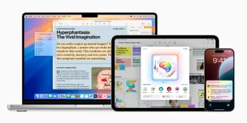 A MacBook Pro, an iPad and an iPhone showing Apple Intelligence features such as writing tools, image creation and priority notifications