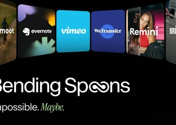 Bending Spoons brand card showing tiles of its portfolio products Komoot, Evernote, Vimeo, WeTransfer, Remini and Brightcove above the company name
