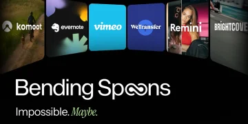 Bending Spoons brand card showing tiles of its portfolio products Komoot, Evernote, Vimeo, WeTransfer, Remini and Brightcove above the company name