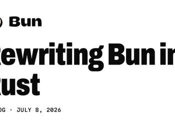 Bun blog title card reading Rewriting Bun in Rust, with the Bun mascot logo and the date July 8, 2026