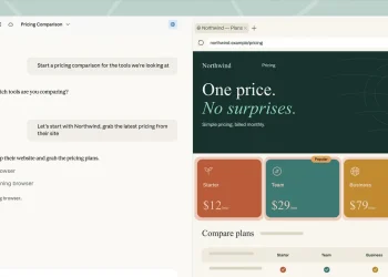 Claude Cowork product screenshot showing a chat task named Pricing Comparison beside a browser window displaying a pricing page