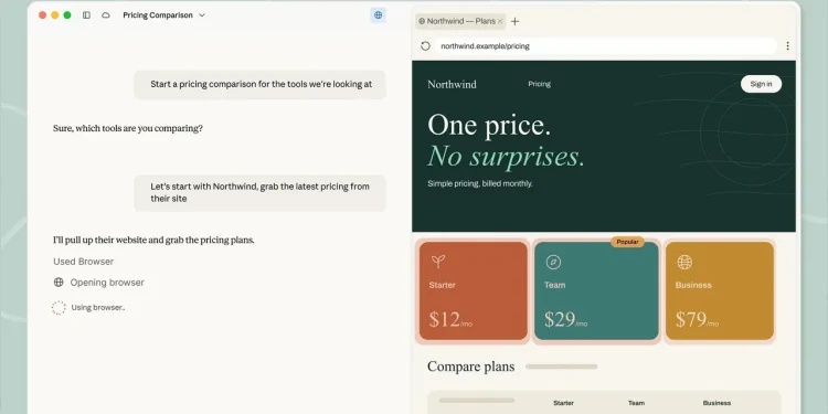 Claude Cowork product screenshot showing a chat task named Pricing Comparison beside a browser window displaying a pricing page