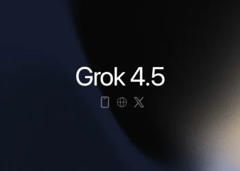 Grok 4.5 card from xAI: the words Grok 4.5 in white over a dark navy and amber gradient, with small phone, globe and X icons underneath