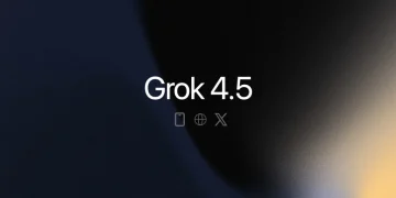 Grok 4.5 card from xAI: the words Grok 4.5 in white over a dark navy and amber gradient, with small phone, globe and X icons underneath